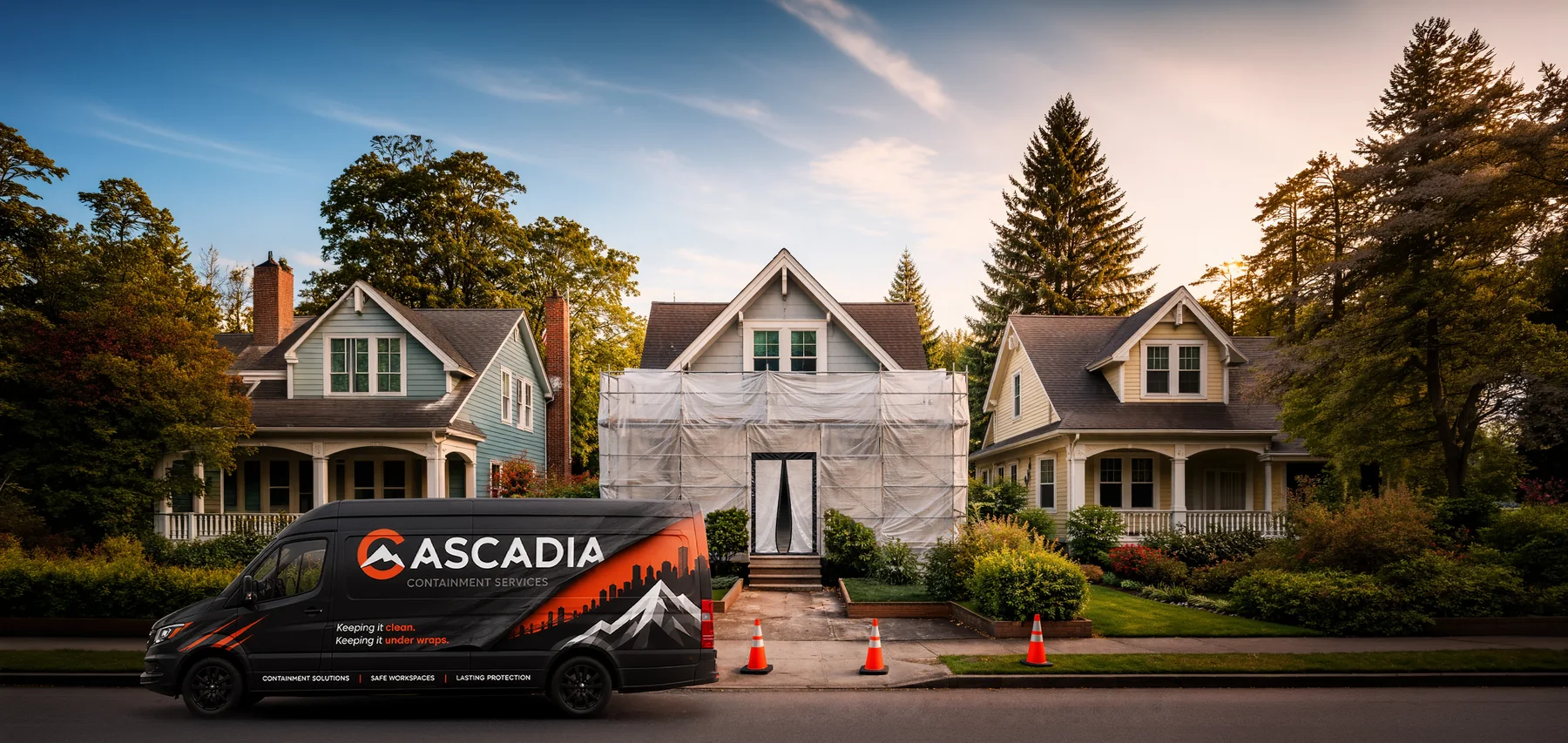 Cascadia service van outside a protected residential project